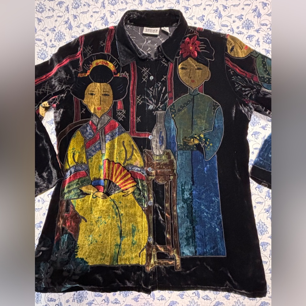 Chico’s Design Silk Velvet Wearable Art Jacket Asian Figural Size 2 (Large)
